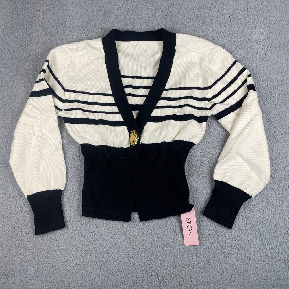 Micas Women's Small White Black Gold Closure Striped V-Neck Knit Cardigan